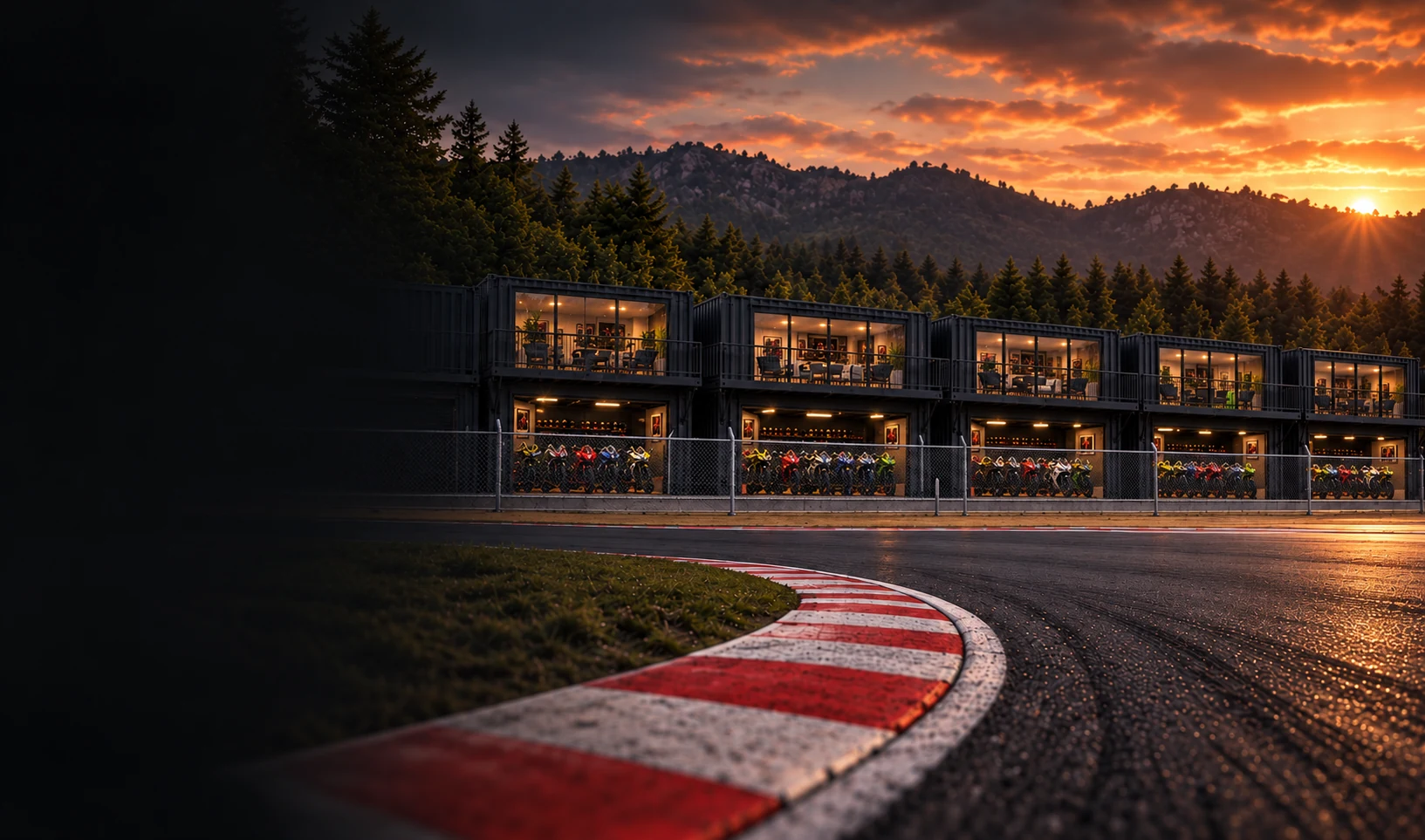 Visualización de la curva y los pits del Motódromo El Arenal al atardecer